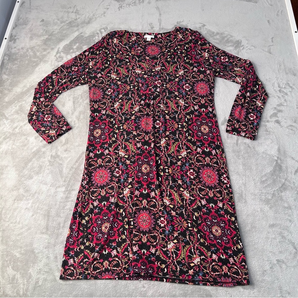 J. Jill Paisley Midi Dress Womens L Petite Red Black Long Sleeve Soft Fall